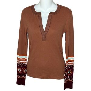 We the Free Henley Top Mikah Layering Cuff Waffle Thermal Sz Small Fair Isle NWT